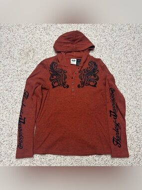 Harley Davidson Motorcycles Henley Hoodie Long Sleeve Shirt Sz Medium Orange Y2K